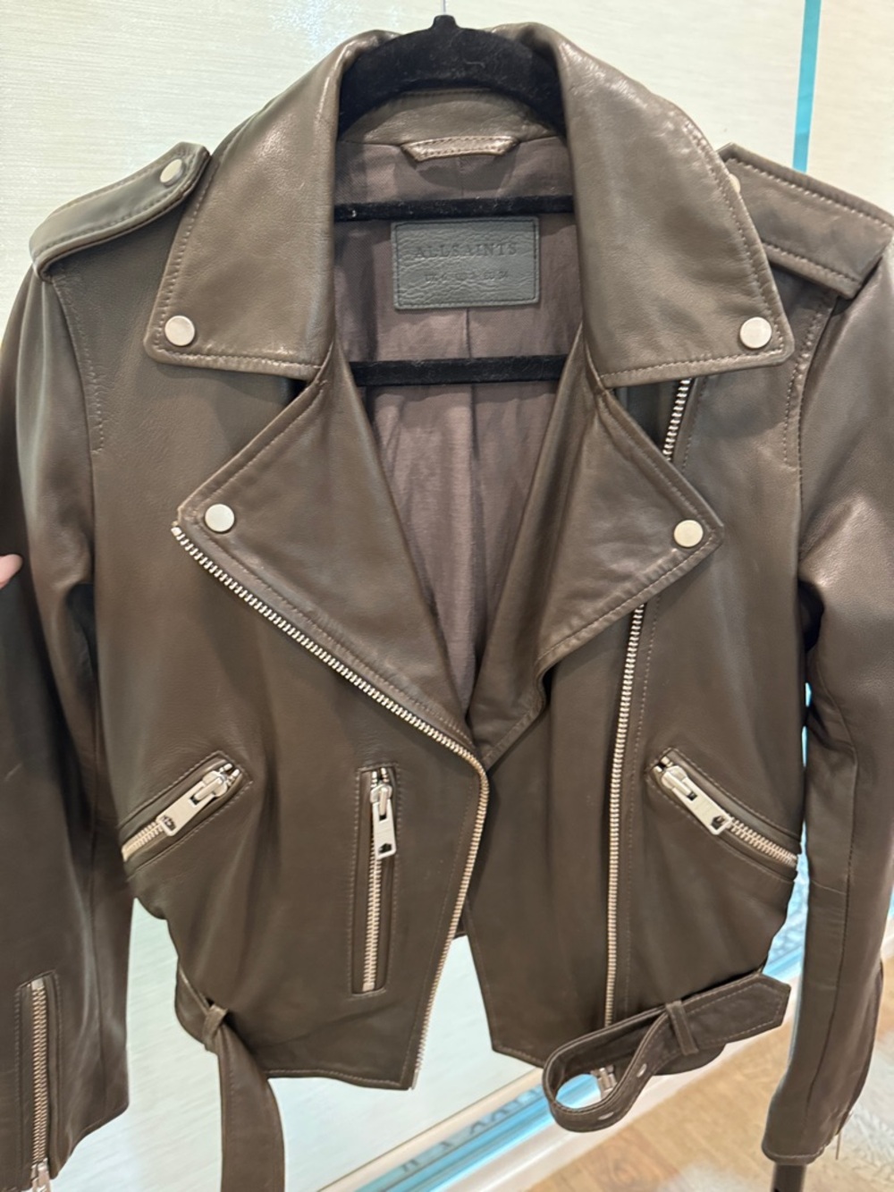 ALLSAINTS Balfern Leather Biker Jacket Dark Olive-Brown Moto Jacket - RARE COLOR - Picture 11 of 13